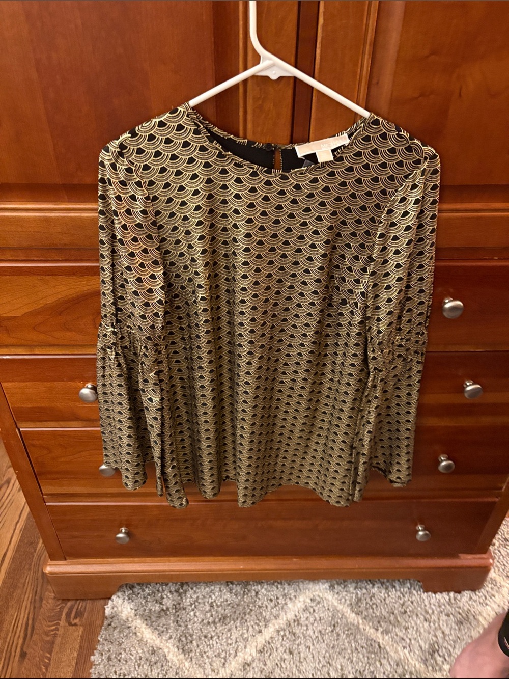 Michael Kors Metallic Gold and Black Long-Sleeve Patterned Top